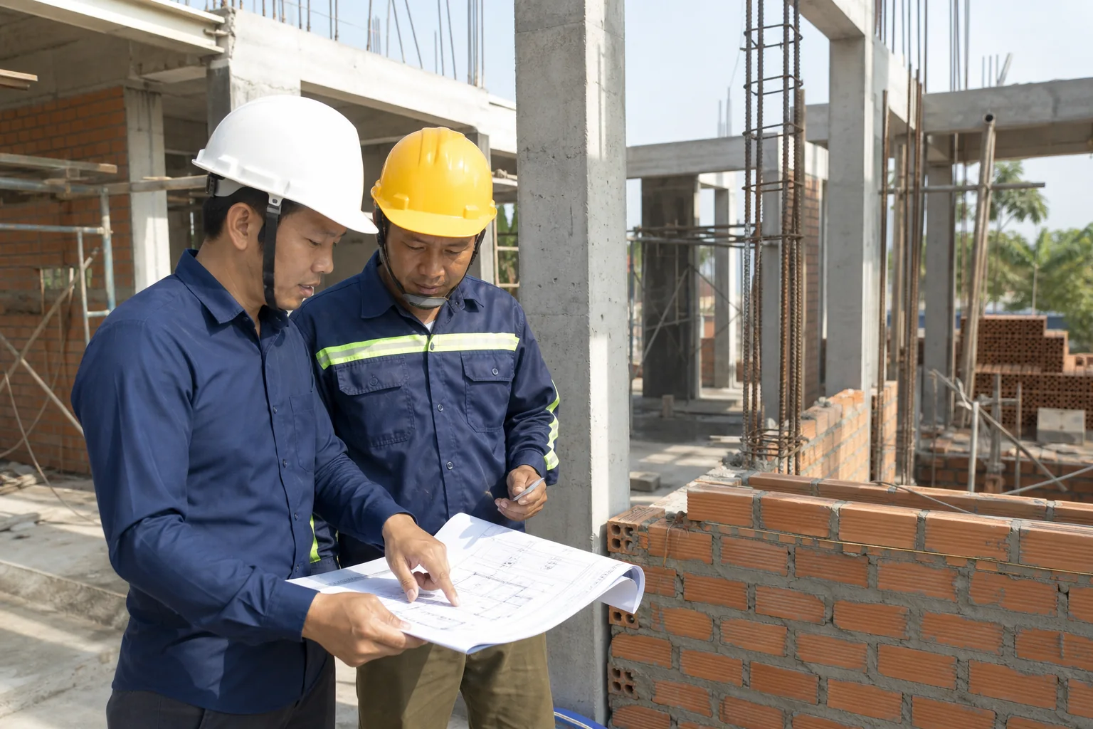 Kỹ sư kiểm tra bản vẽ tại công trường